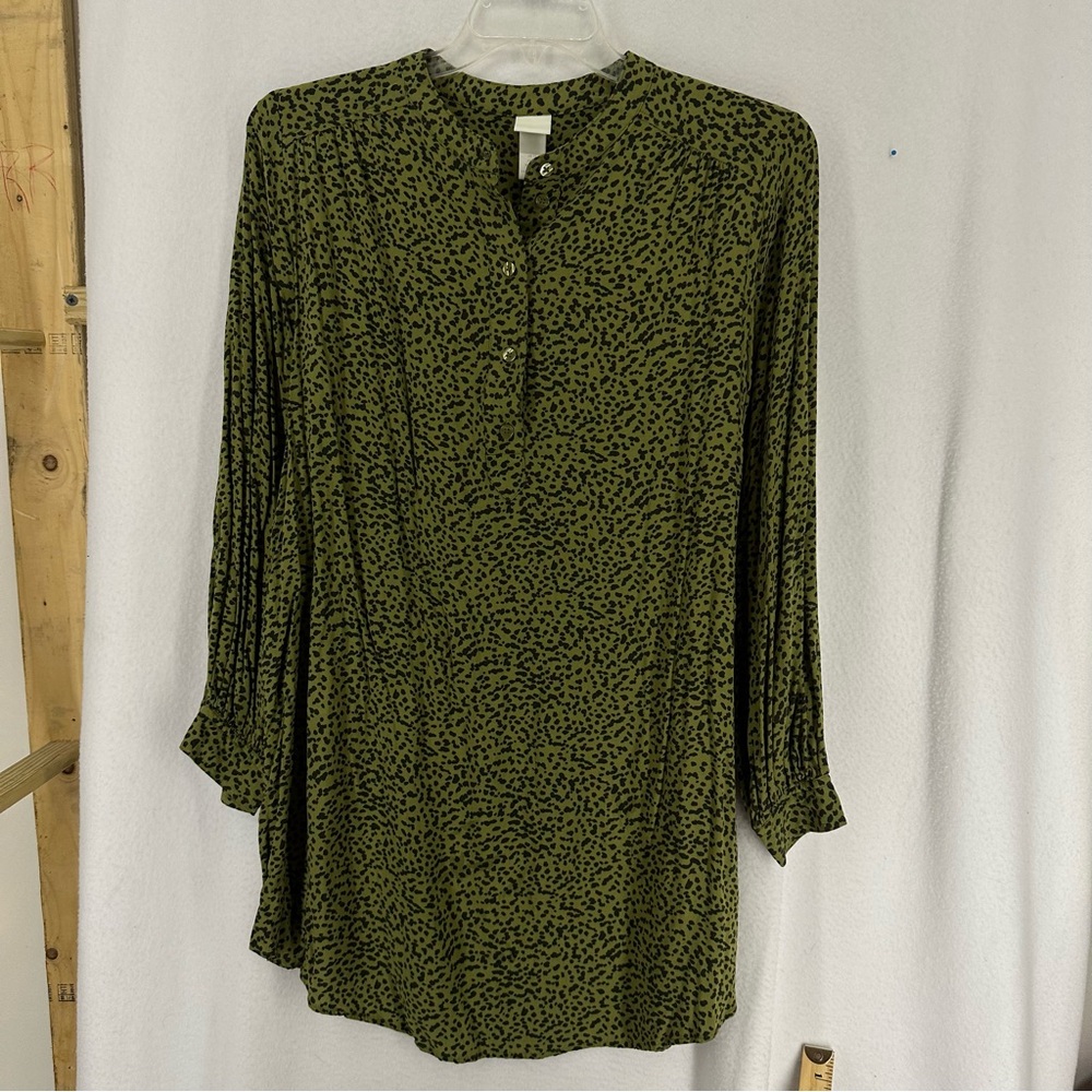 H&M Long Sleeve Button Down Tunic Animal Print Womens 12 Green